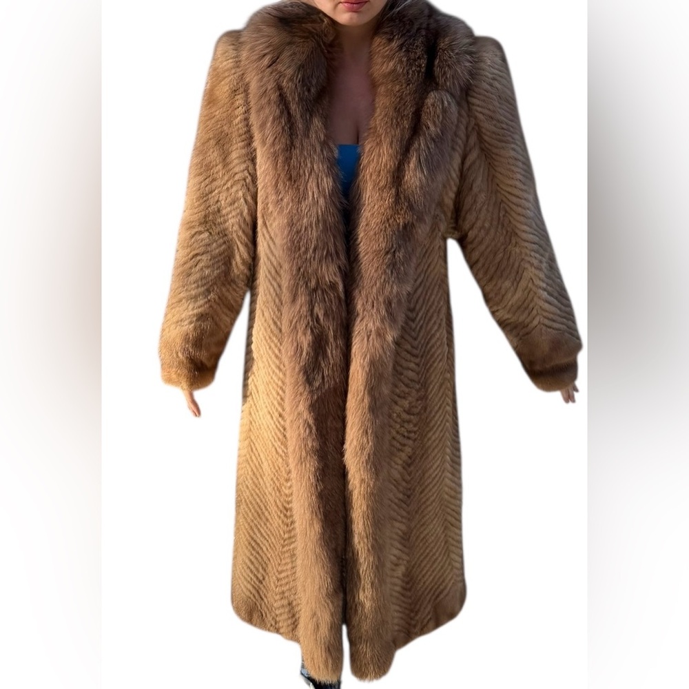 RARE Authentic SAGA Mink Fur Long Coat Camel Brown Herringbone SAGA Fox Trim M - Picture 6 of 14